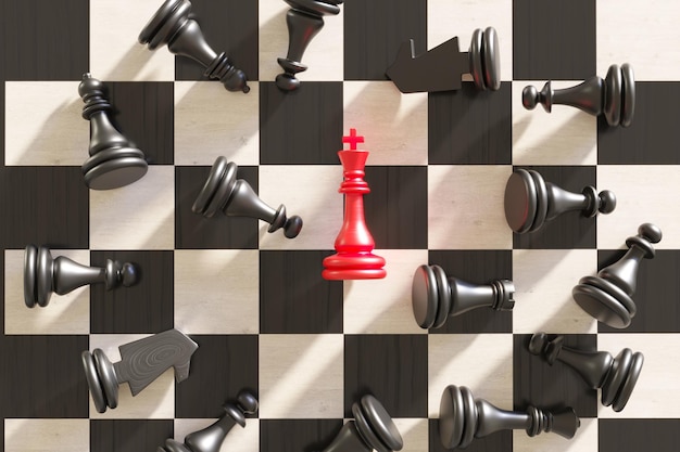 Выдающаяся красная шахматная фигура в успешной игре на соревнованиях. концепция лидерства. 3d визуализация