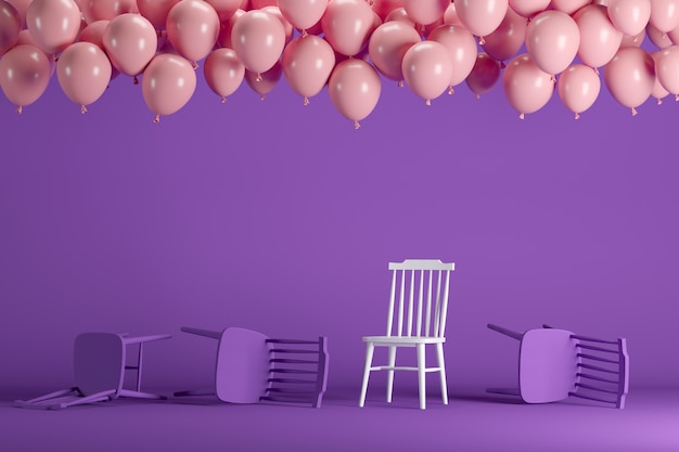 Outstanding white chair with floating pink balloons in violet pastel background room 