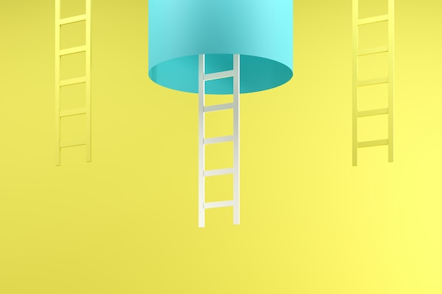 青の2つの黄色のはしごの間の青い管の中にぶら下がっている顕著な白いはしご