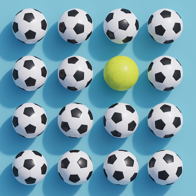 Outstanding yellow football among white football on blue