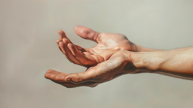 An outstretched hand with the palm up isolated on a pale grey background