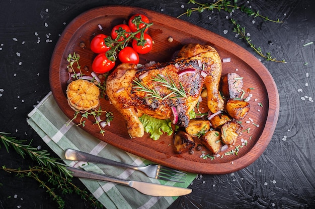 Ovaal houten dienblad, keukensnijplank, gebakken kip, dijen met groenten, gebakken aardappelen