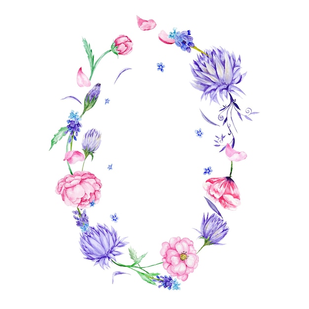 Oval decorative border with summer pink and purple flowers isolated on white background