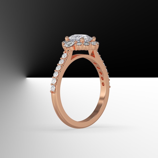 Oval diamond cathedral engagement ring with side stones on shank 3d render