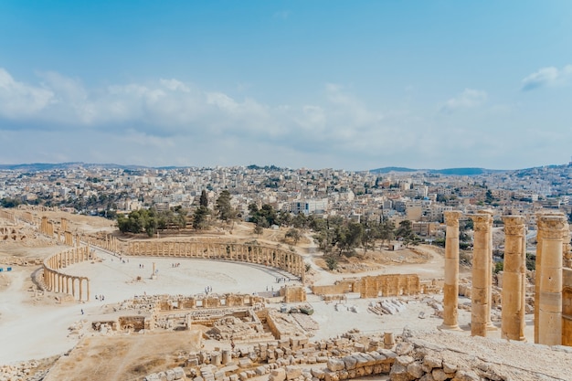 Oval Forum in the ancient Roman city of Gerasa, preset-day Jerash, Jordan.