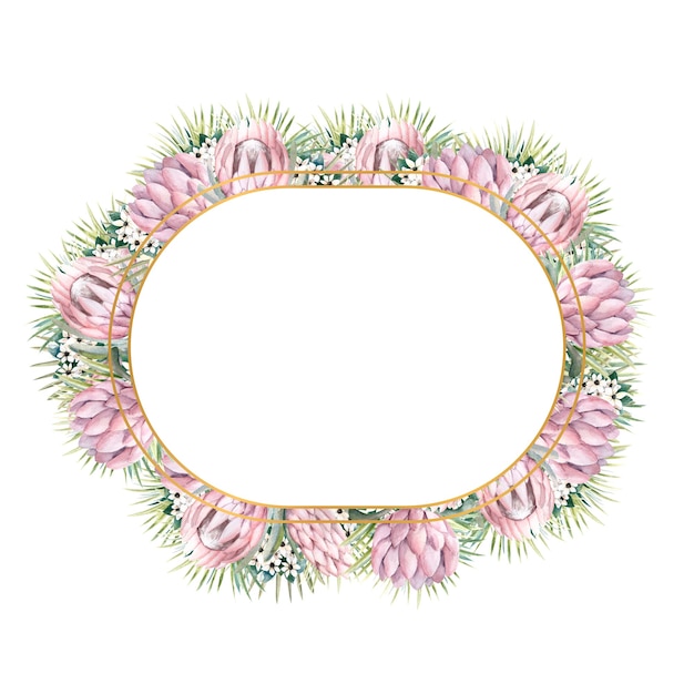 Oval gold frame with protea flowers, tropical leaves, palm leaves, bouvardia flowers