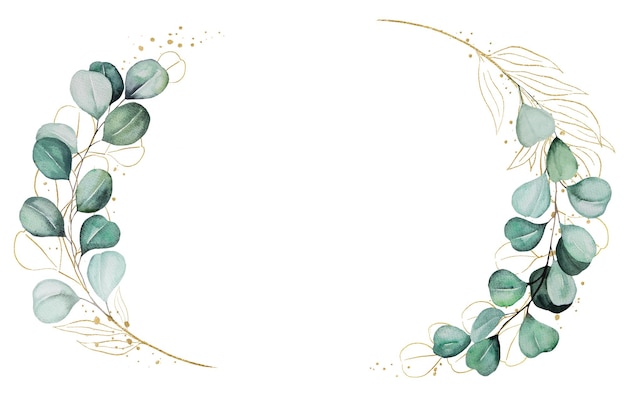 緑の水彩ユーカリの葉と楕円形のゴールデン フレーム分離結婚式イラスト