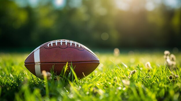 Oval leather brown rugby ball lies on the green grass under the flights of sunlight