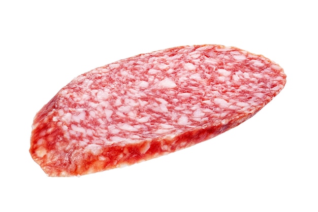 Oval salami sausage slice isolated on white background. Macro Shot