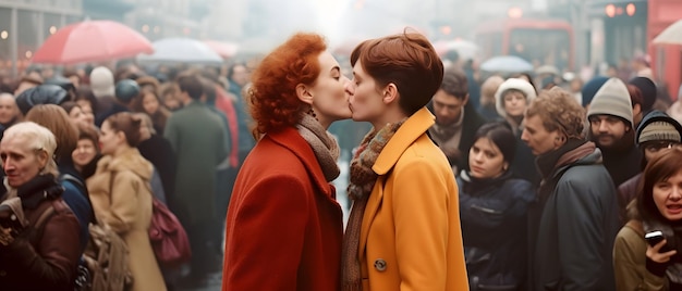 Ove's onthulling homoseksuele vrouwen omarmen te midden van de levendige, drukke straat van New York, wazige menigten getuige