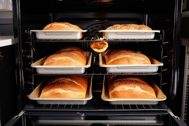 Oven bake loaves of bread with oven door open and heat escaping created with generative ai