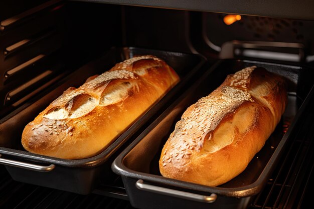 Oven bake loaves of bread with oven door open and heat escaping created with generative ai