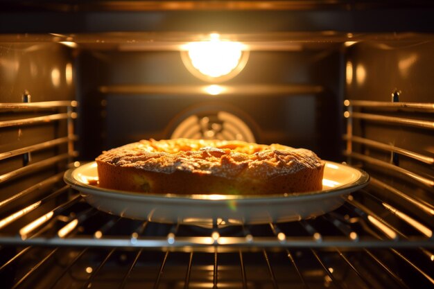 Foto la luce del forno illumina una torta marrone dorato all'interno