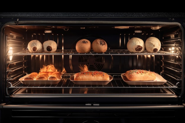 Oven with food in different stages of heating from raw to baked goods created with generative ai