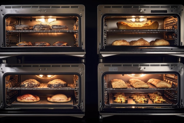 Oven with food in different stages of heating from raw to baked goods created with generative ai