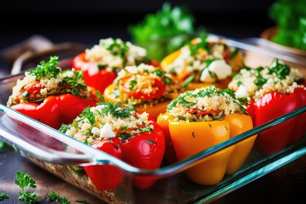 Ovenbaked stuffed bell peppers in a glass baking dish