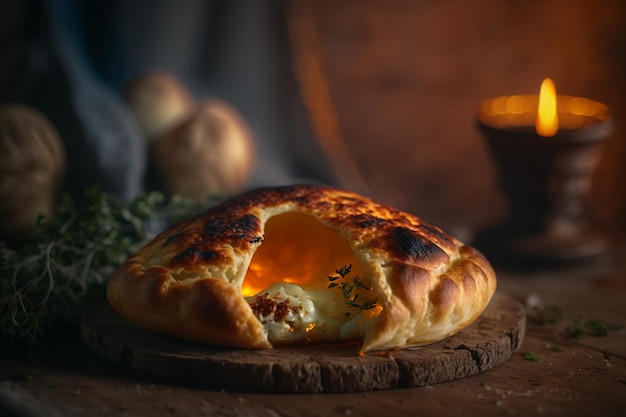 Ovengebakken kaas khachapuri met gouden korst en eierillustratie Generatieve AI