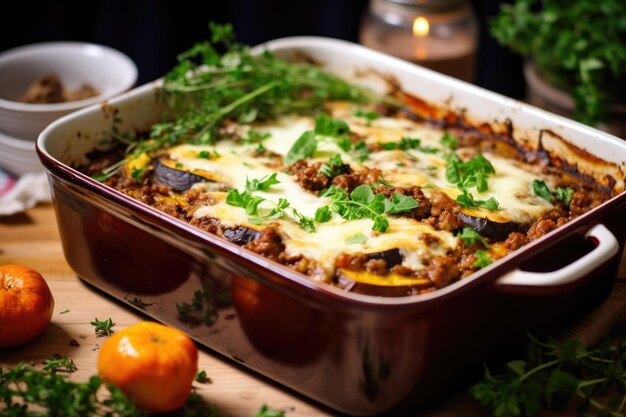 Photo ovenready moussaka in a baking dish