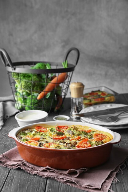 Ovenschaal met smakelijke broccoli braadpan op houten tafel