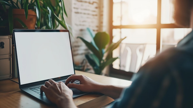 Over de schouder opname van een jonge man die een laptop gebruikt voor een leeg wit computerscherm thuis