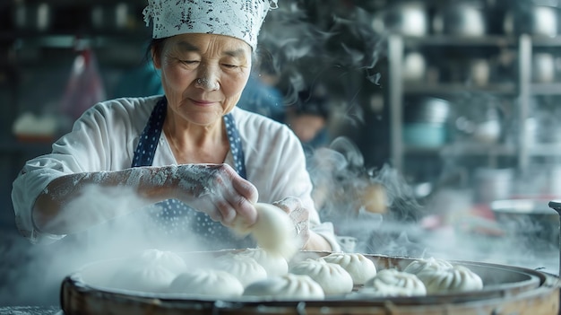 Over een typische keuken instelling dame Chinese chef-kok is stoom buns bevredigen zichzelf Generatieve Ai