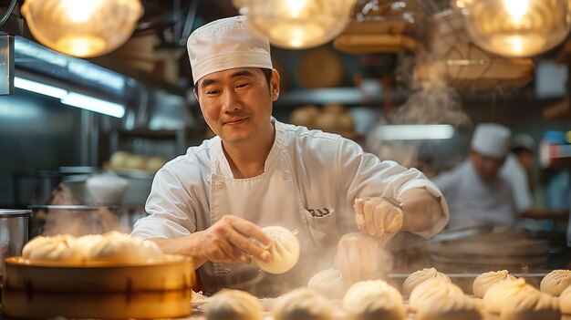 Over een typische keuken omgeving een mannelijke Chinese kok is stoom broodjes bevrediging zichzelf met perfecte broodjes en ruimte Generatieve AI