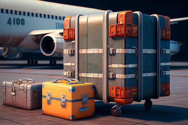 Overall suitcases baggage and boxes luggage loading on the plane in airport illustration Generative AI