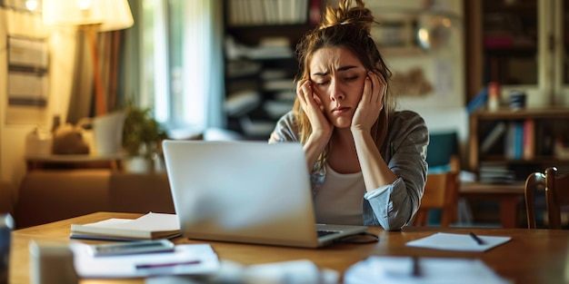 Overbelaste vrouwelijke professional die op afstand op de computer werkt, lijkt gestrest en uitgeput