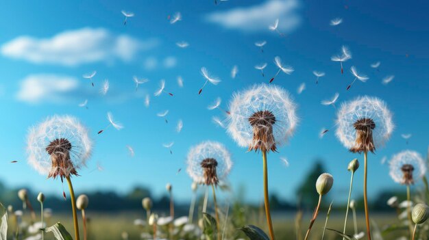 Photo overblown dandelion seeds flying away wind hd background wallpaper desktop wallpaper