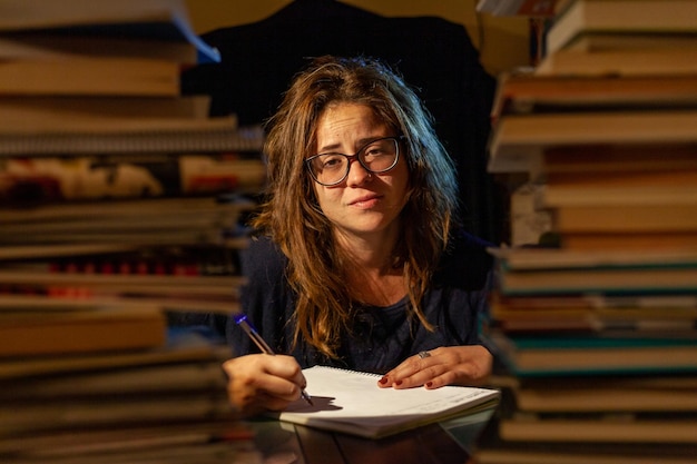 An overburdened woman studying in a library for final exams