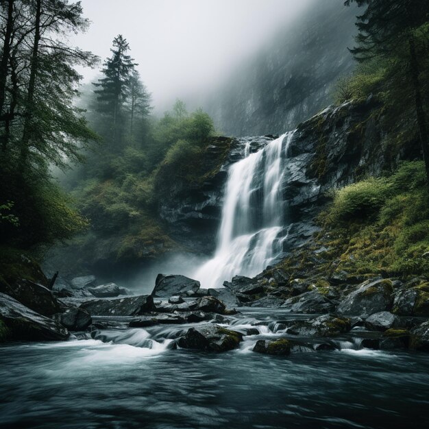 Overcast Cascade Moody Waterfall Landscape