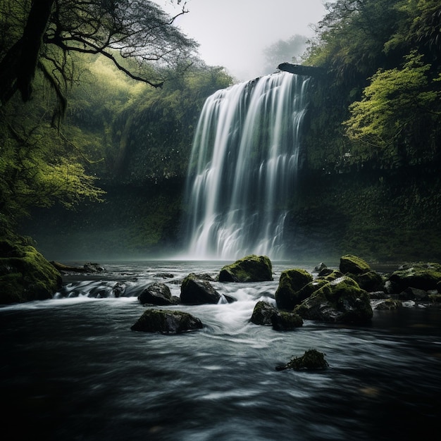 Overcast Cascade Moody Waterfall Landscape