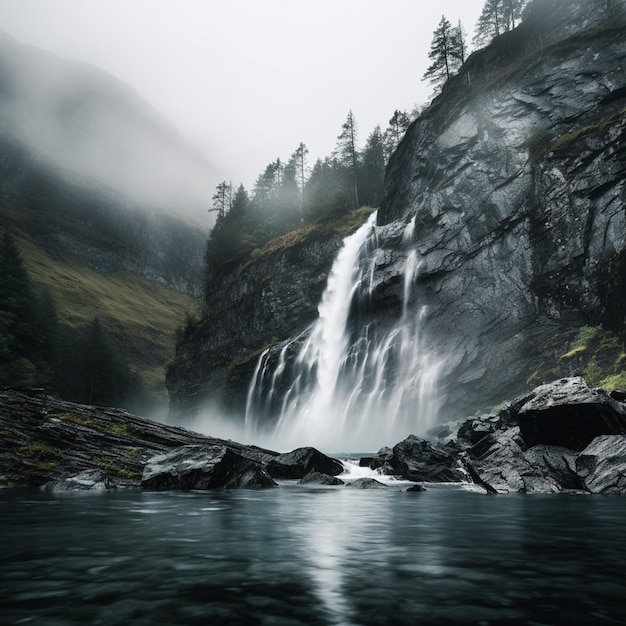 Overcast Cascade Moody Waterfall Landscape