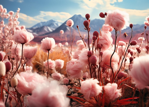 an overcast day and pink cotton field