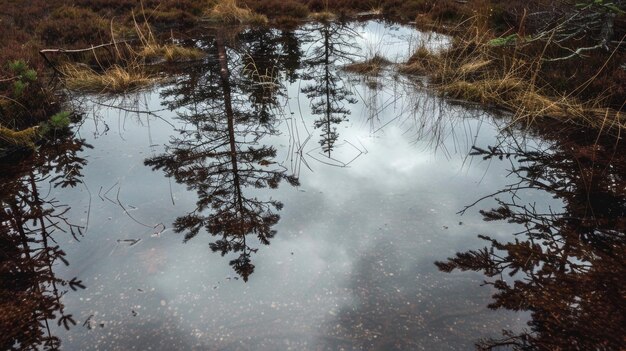 Photo overcast skies reflecting on the murky brown waters of the bog