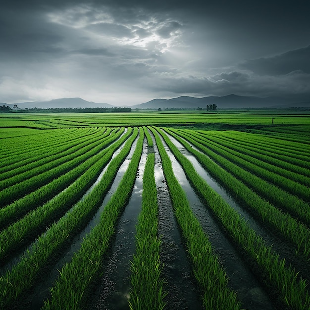 Overcast Tranquility Ricefield Under Gray Skies