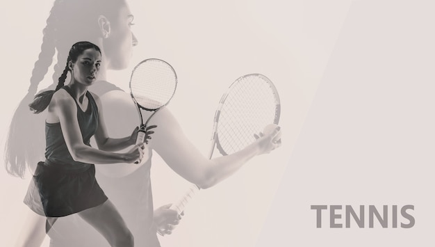 overcoming obstacles. creative collage with young woman playing tennis isolated on studio wall