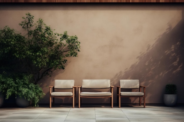 Overdag minimalistisch design zitgedeelte buiten en een boom tegen de muur