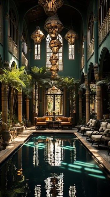 Overdekt zwembad met Marokkaanse architectuur