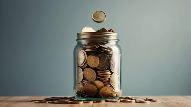 Photo overfilled coin jar on a grey background