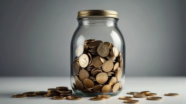 Overfilled coin jar on a grey background