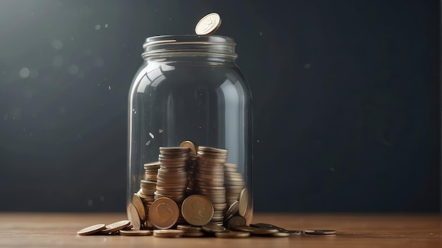 Photo overfilled coin jar on a grey background