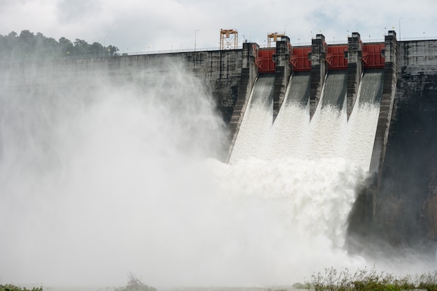 overflow water in these dams goes through spillways at Khun Dan Prakan Chon dam, Thailand