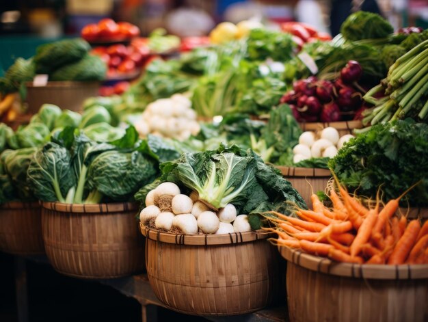 Photo overflowing baskets of fresh vegetables at a farmers market