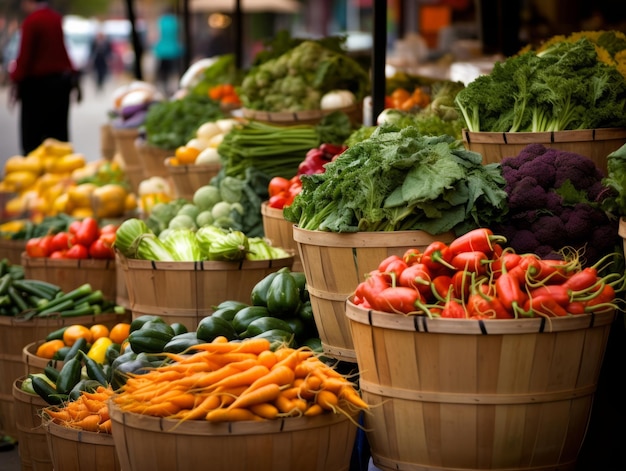 Фото Переполненные корзины со свежими овощами на фермерском рынке