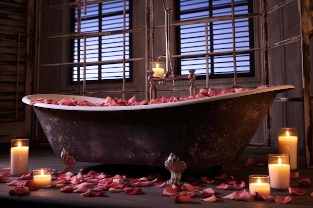 Overflowing bathtub with candles and rose petals floating created with generative ai