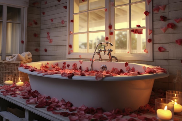 Bathtub filled with rose petals next to a window in a Spa center.  Generative AI illustration. 28781754 Stock Photo at Vecteezy