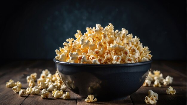 Overflowing bowl of popcorn on dark backdrop