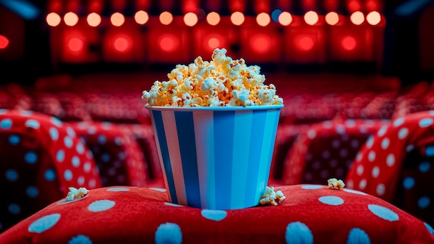 Photo overflowing bucket of popcorn on cinema seat movie time snack