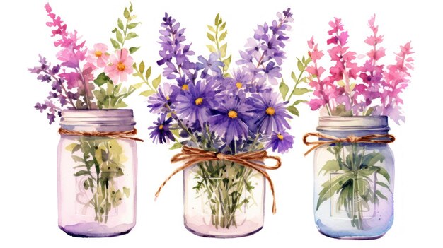 Overflowing Bundles of Purple Wildflowers in Three Mason Jars AI Generated